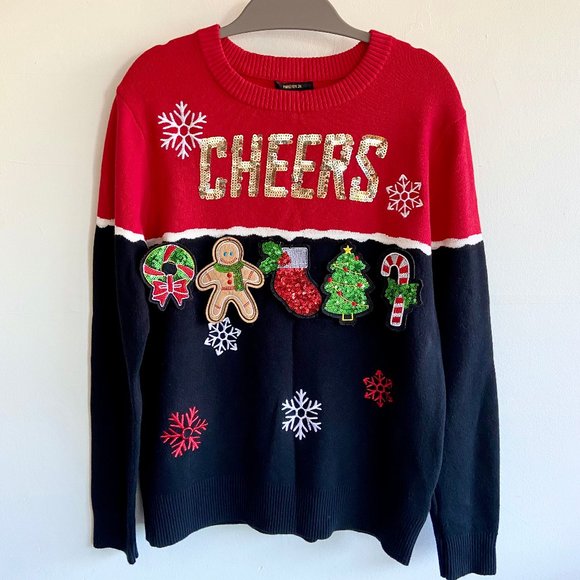 Forever 21 Red / Black Sequin Cheers Christmas Sweater - Picture 6 of 12